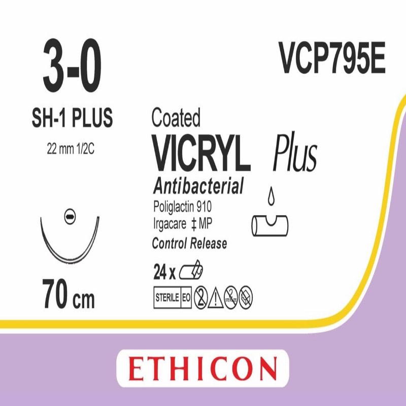 VICRYL PLUS фіолетовий 8X70см M2 USP3/0 одна голка SH-1 PLUS Control Release, тип колюча Taper Point, 22мм, 1/2 кола